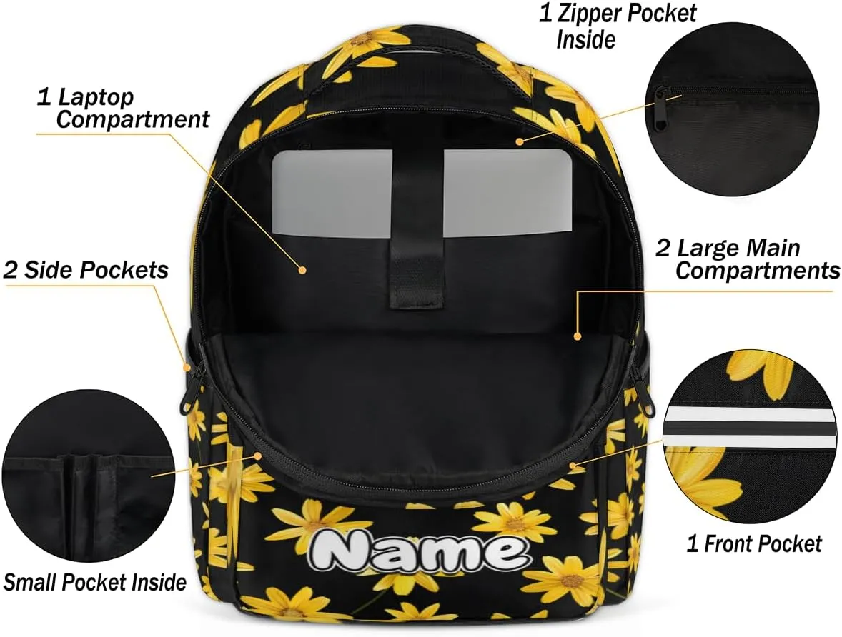 Floral Daisy Personalized Laptop Backpack with Name Custom Shoulder Bags for Women Men Waterproof Travel Casual Daypack Laptop Bag Gifts 16.1in