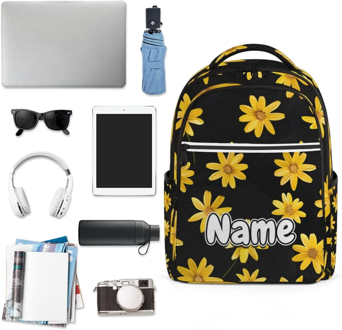 Floral Daisy Personalized Laptop Backpack with Name Custom Shoulder Bags for Women Men Waterproof Travel Casual Daypack Laptop Bag Gifts 16.1in