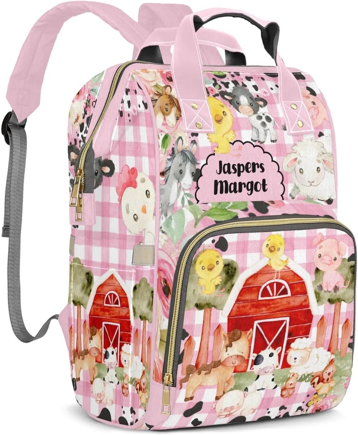 Floral Plaid Farm Animals Life Personalized Large Capacity Diaper Bags,Custom Name Backpack Casual Daypack Bag Nappy Bag Gifts