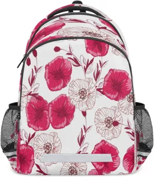 Flourish Poppies Backpack with Reflective Strip, Red Flower Lightweight Backpack Travel Bag Casual Daypack Laptop Bag