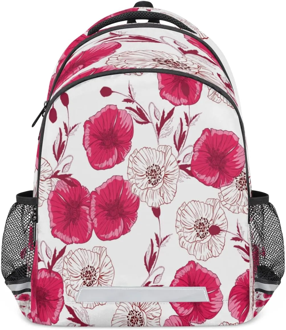 Flourish Poppies Backpack with Reflective Strip, Red Flower Lightweight Backpack Travel Bag Casual Daypack Laptop Bag
