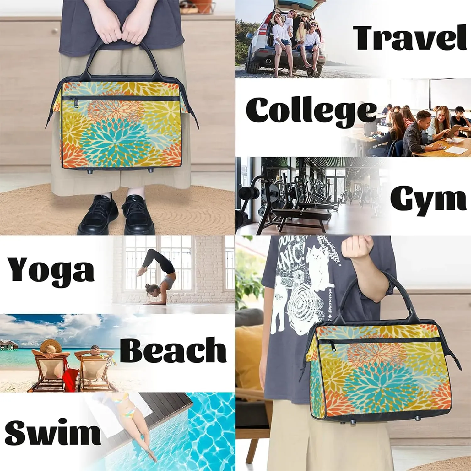 Flower Colorful Abstract Large Travel Duffel Bag Gym Tote Bag for Women Men Waterproof Weekend Overnight Bag Carry On Tote Luggage with Pocket Personal Item Bags Sports Bag fit Travel Sports Gym Yoga