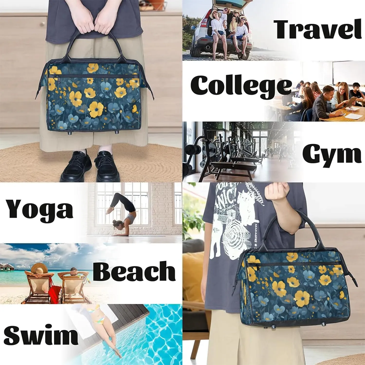 Flowers Yellow Art Large Travel Duffel Bag Gym Tote Bag for Women Men Waterproof Weekend Overnight Bag Carry On Tote Luggage with Pocket Personal Item Bags Sports Bag fit Travel Sports Gym Yoga