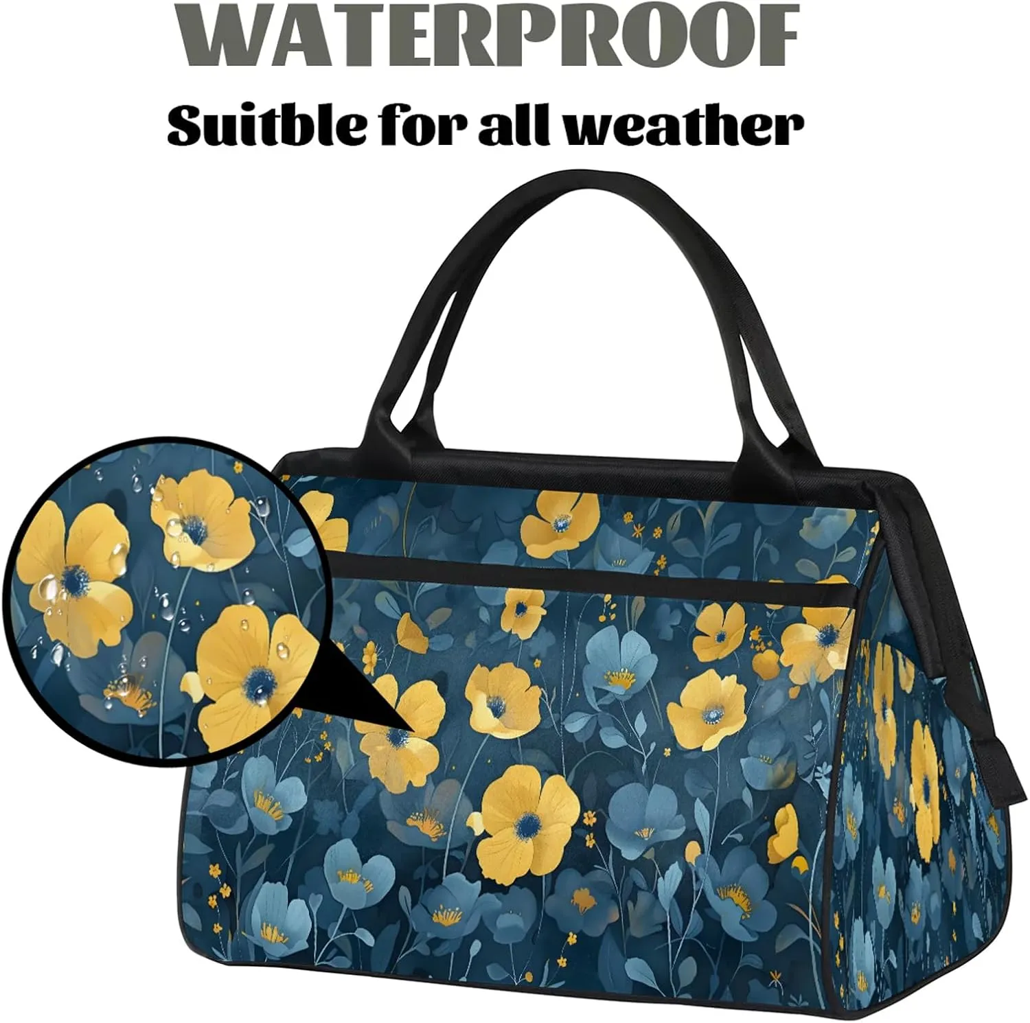 Flowers Yellow Art Large Travel Duffel Bag Gym Tote Bag for Women Men Waterproof Weekend Overnight Bag Carry On Tote Luggage with Pocket Personal Item Bags Sports Bag fit Travel Sports Gym Yoga