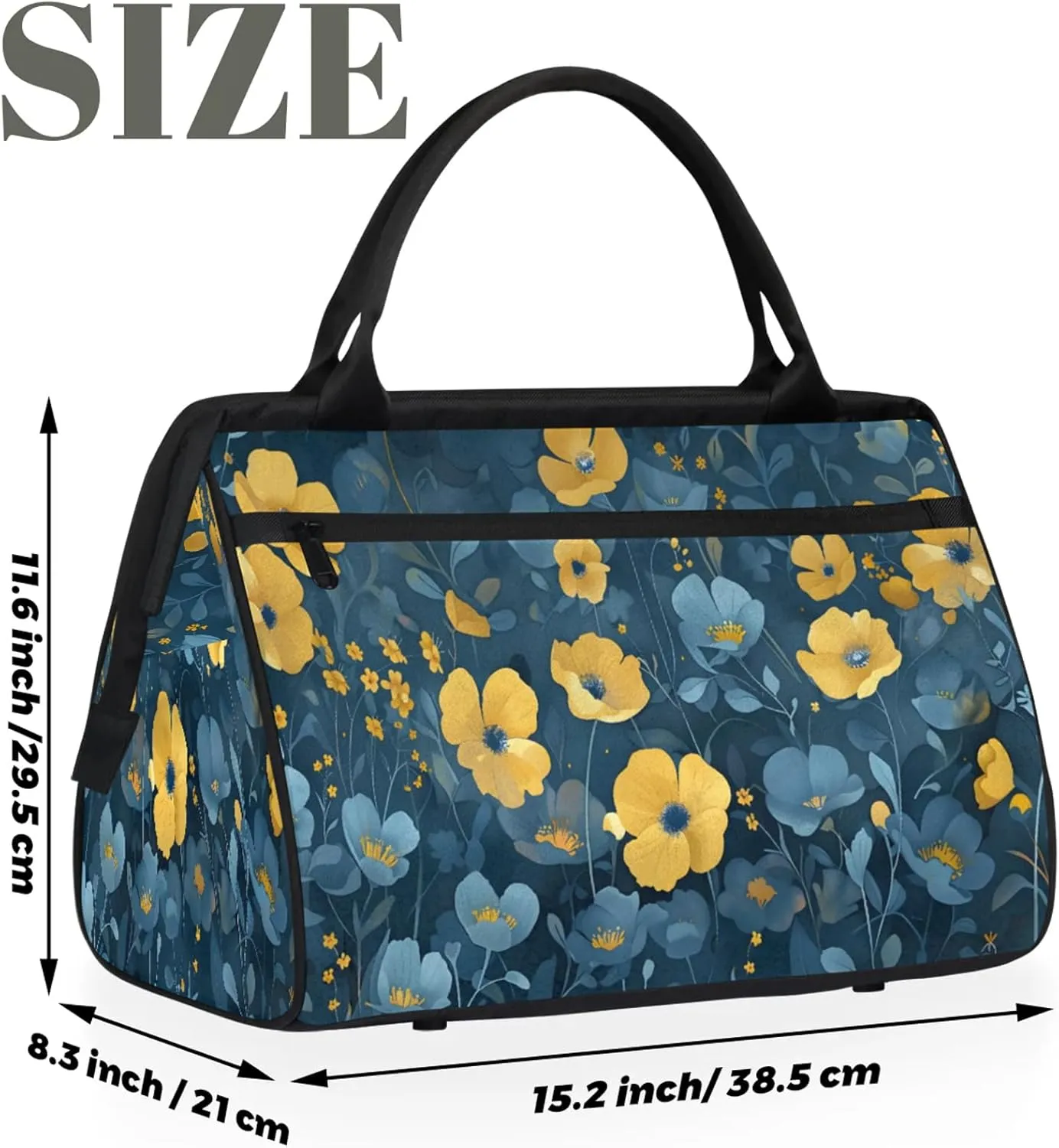 Flowers Yellow Art Large Travel Duffel Bag Gym Tote Bag for Women Men Waterproof Weekend Overnight Bag Carry On Tote Luggage with Pocket Personal Item Bags Sports Bag fit Travel Sports Gym Yoga