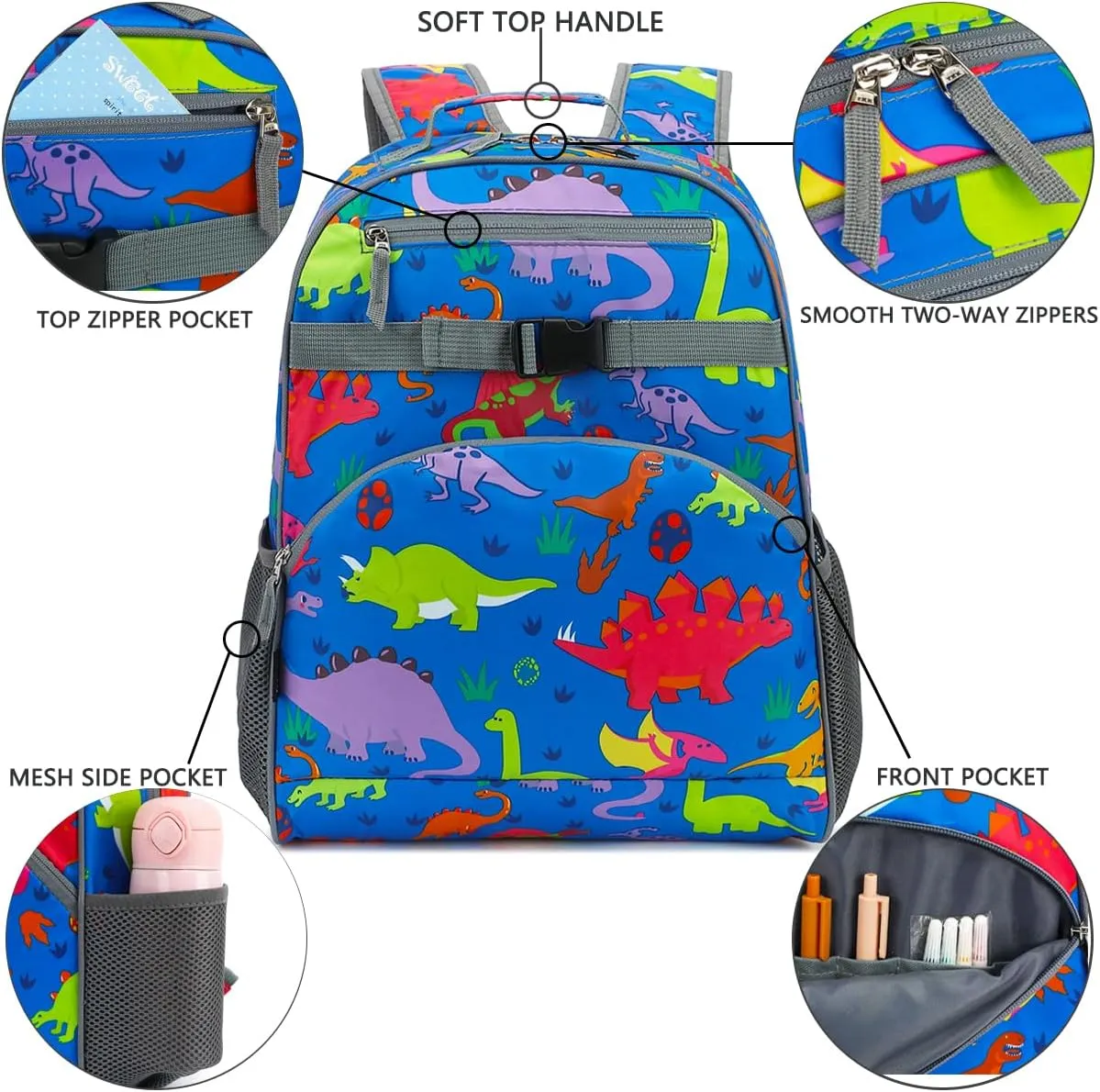 FlowFly Kids Backpack for Toddler Boys Girls, Simple Lightweight Bookbag for Daycare Kindergarten Elementary School Travel, Small Modern Bag (Large), Dinosaur