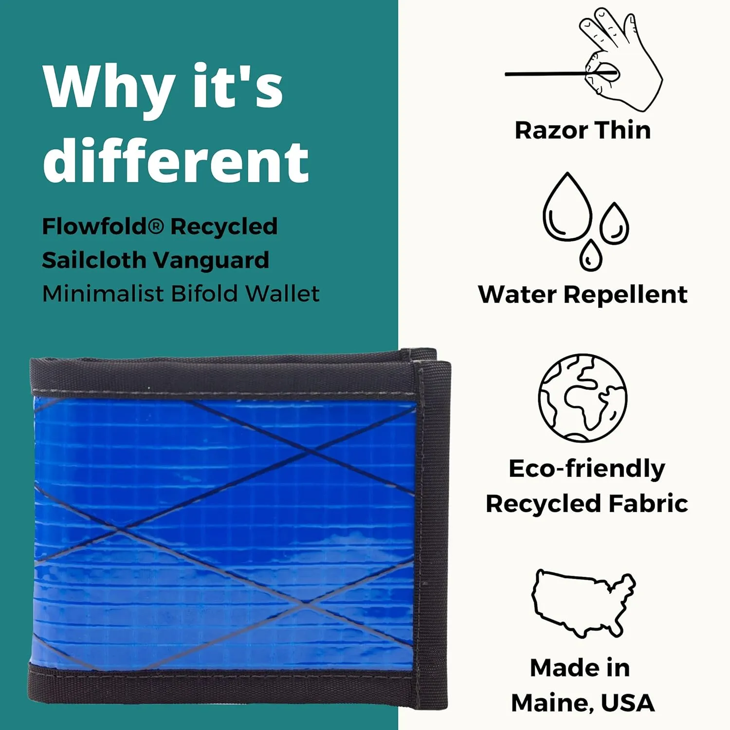 Flowfold Recycled Sailcloth Wallets - Vanguard Bifold Wallet, Front Pocket Wallet, Slim Minimalist Wallets Made in USA (Blue Sailcloth)