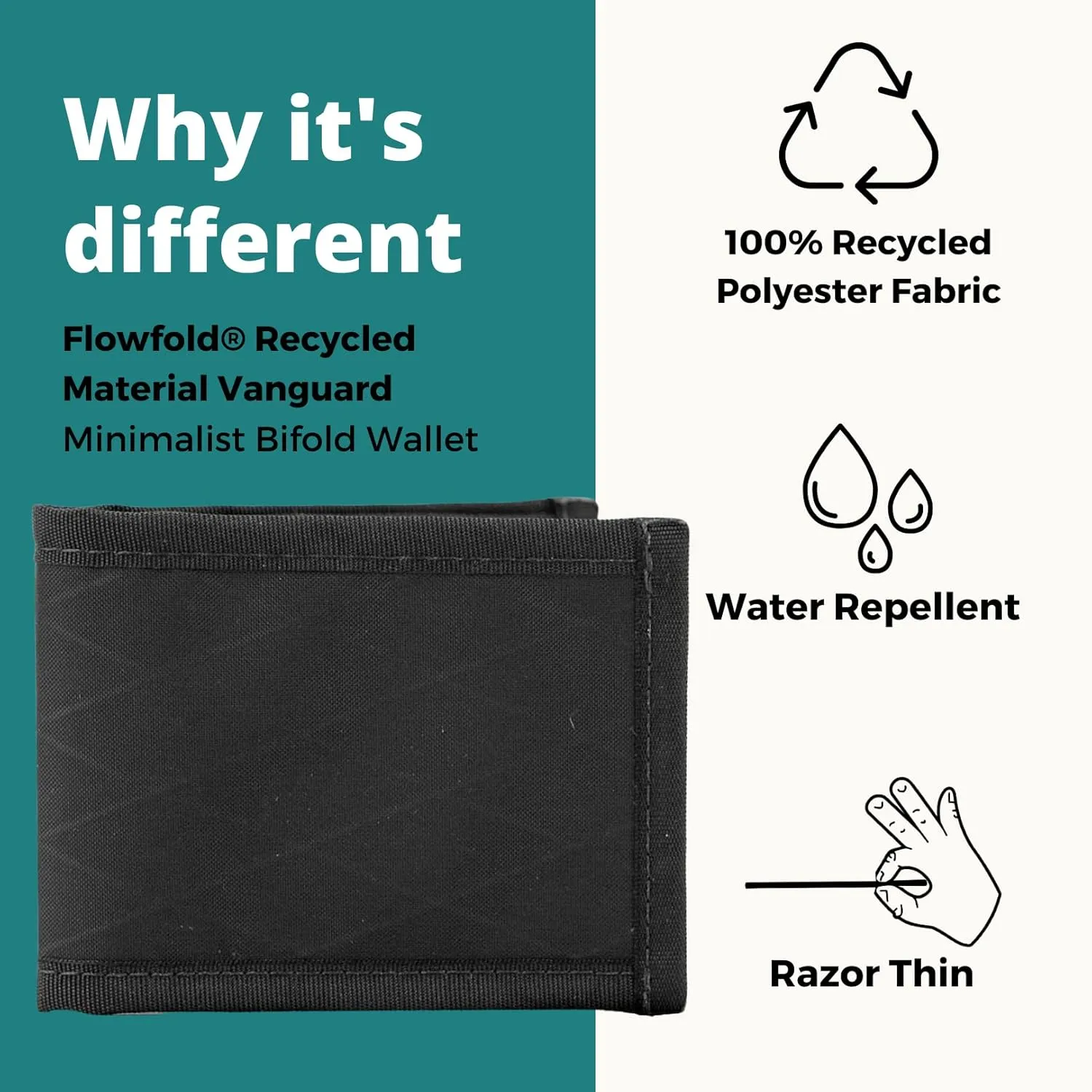 Flowfold Recycled Wallets - Vanguard Bifold, Front Pocket, Slim Minimalist Wallets Made in USA (Black, Recycled Material)