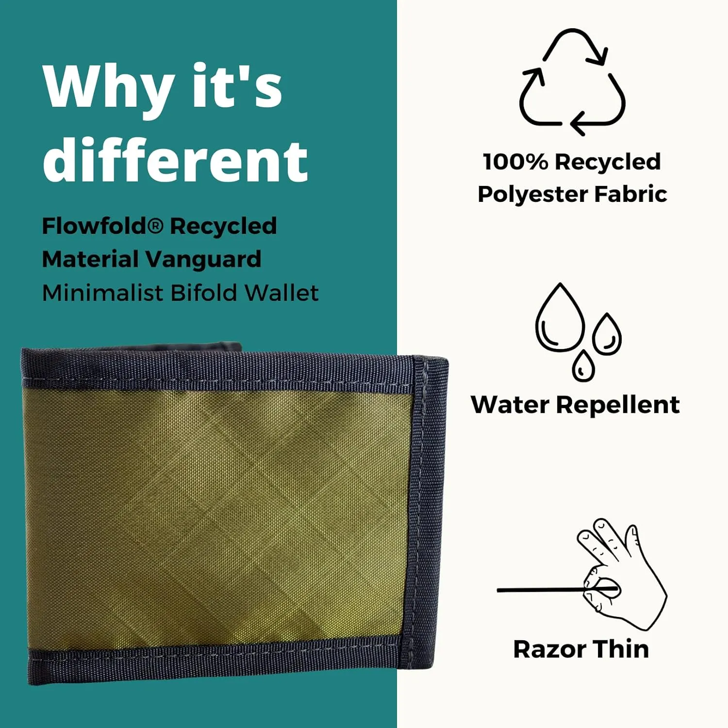 Flowfold Recycled Wallets - Vanguard Bifold Wallet, Front Pocket Wallet, Slim Minimalist Wallet Made in USA (Olive Green, Recycled Material)