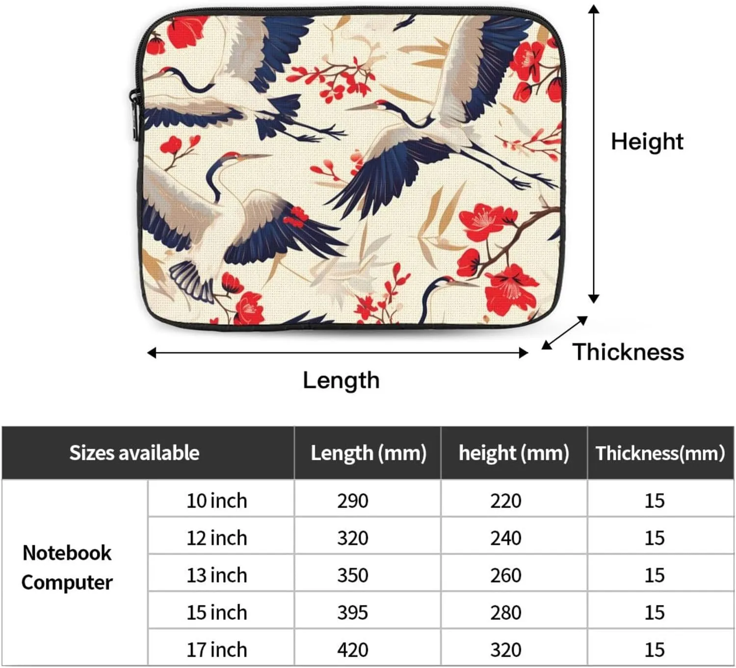 Flying Birds Crane Heron Prints Shockproof Portable Laptop Sleeve Bag 17 inch for Men and Women Business Travel, Office Daily Use