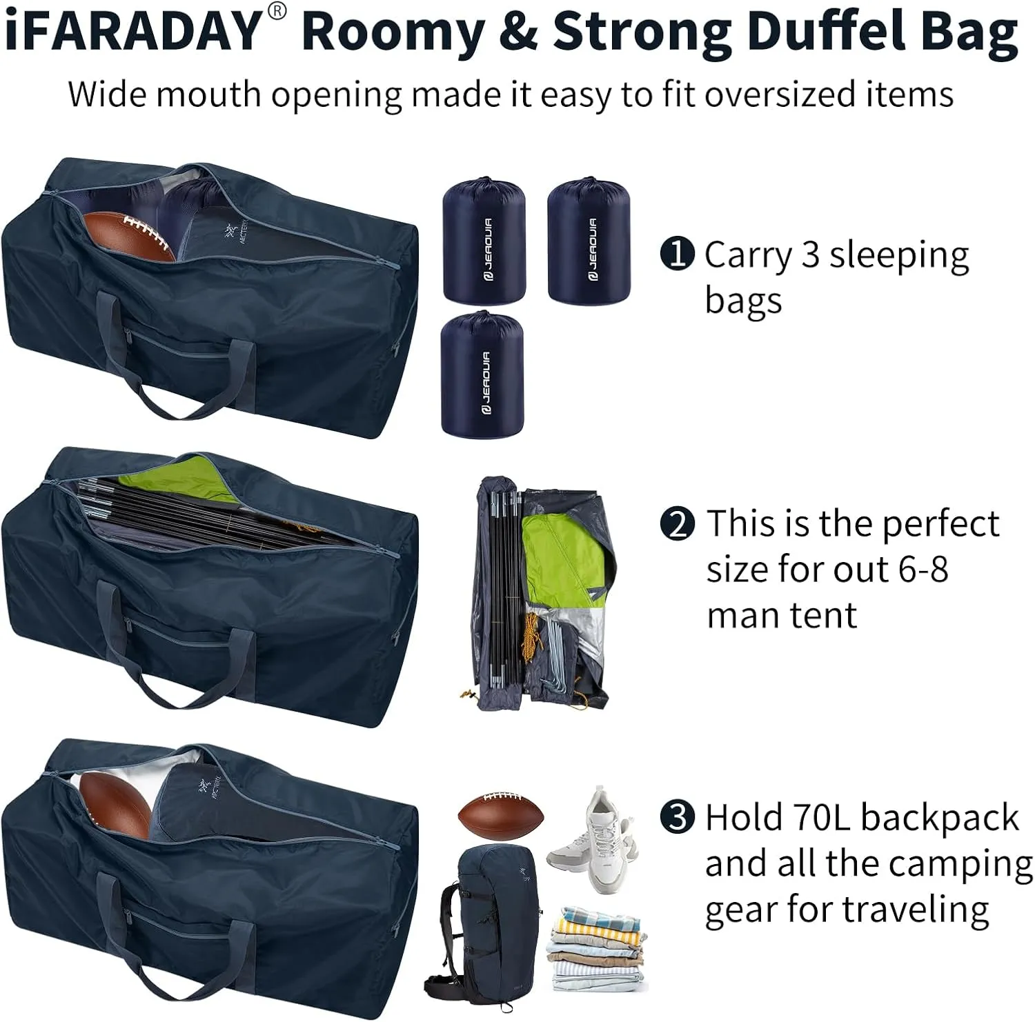 Foldable Duffle Bag for Travel - 75L Large Spare Travel Duffel Bag Lightweight with Trolley Sleeve - Navy