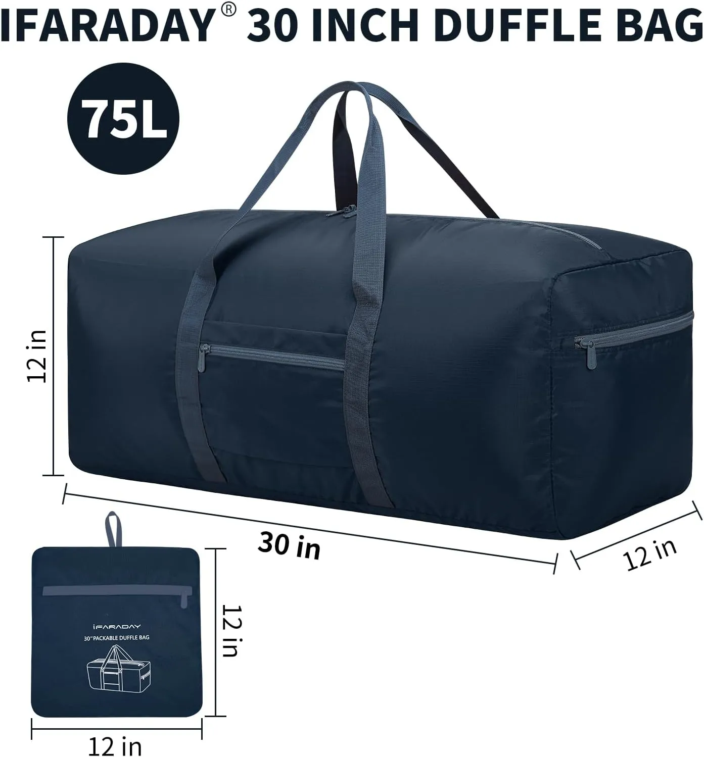 Foldable Duffle Bag for Travel - 75L Large Spare Travel Duffel Bag Lightweight with Trolley Sleeve - Navy