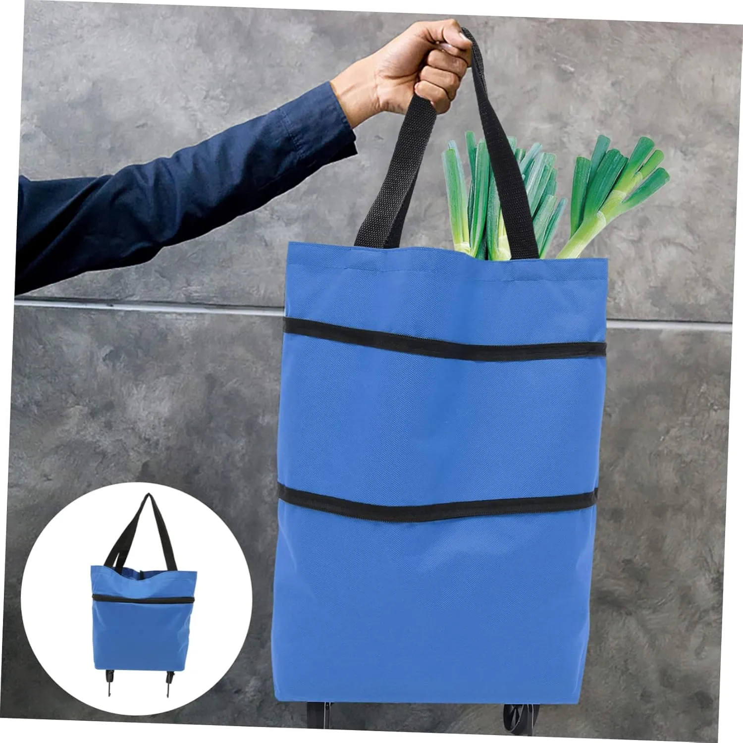 Foldable Grocery Tote Bag Wheels Collapsible Trolley Bag Large Laundry Bag Wheels and Comfortable Handles Blue