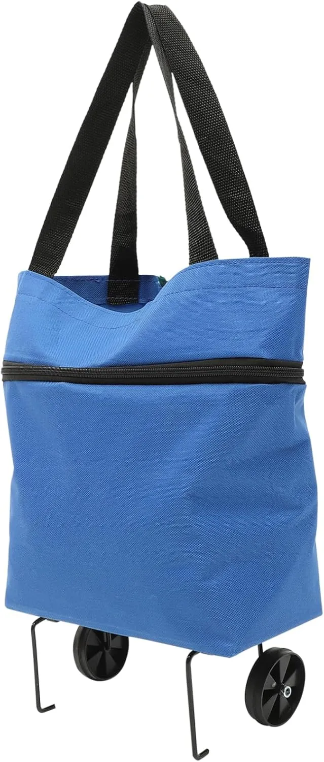 Foldable Grocery Tote Bag Wheels Collapsible Trolley Bag Large Laundry Bag Wheels and Comfortable Handles Blue