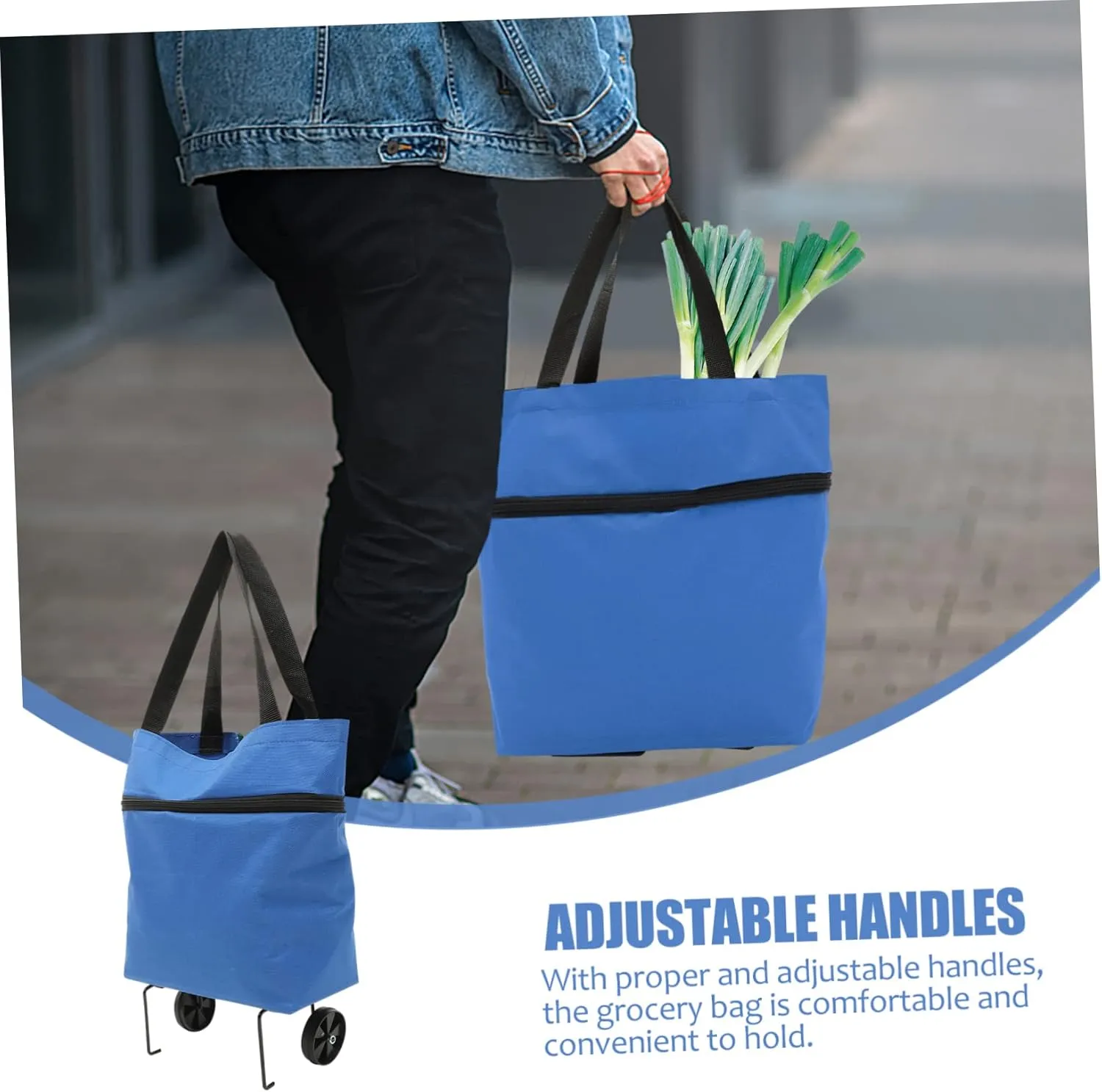 Foldable Grocery Tote Bag Wheels Collapsible Trolley Bag Large Laundry Bag Wheels and Comfortable Handles Blue