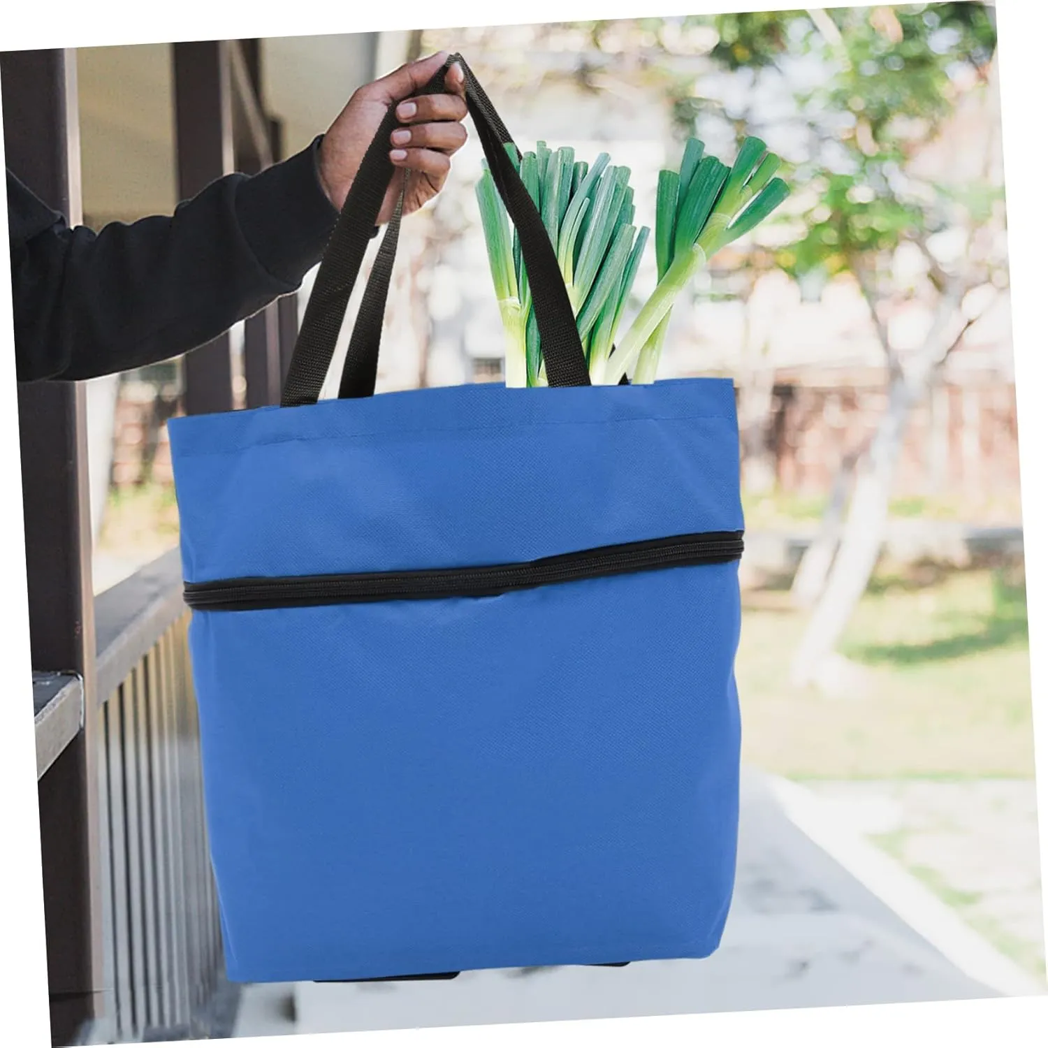 Foldable Grocery Tote Bag Wheels Collapsible Trolley Bag Large Laundry Bag Wheels and Comfortable Handles Blue