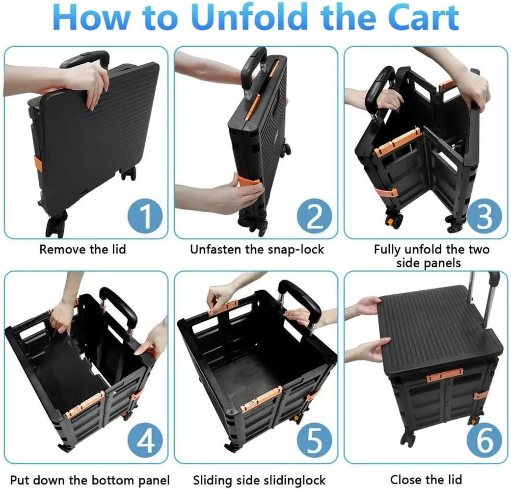 Foldable Utility Cart Folding Portable Rolling Crate Handcart Shopping Trolley Wheel Box with Lid Wear-Resistant Noiseless 360°Rotate Wheel for Travel Shopping Moving Storage Office Use (Black)