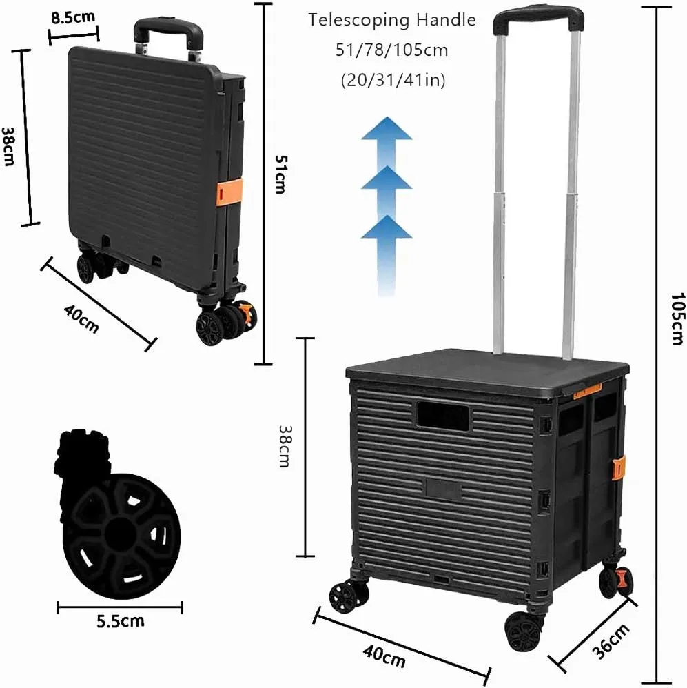 Foldable Utility Cart Folding Portable Rolling Crate Handcart Shopping Trolley Wheel Box with Lid Wear-Resistant Noiseless 360°Rotate Wheel for Travel Shopping Moving Storage Office Use (Black)