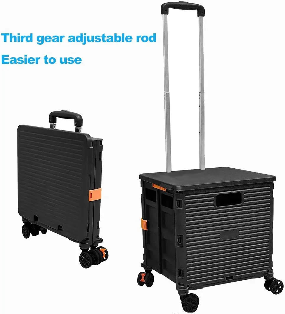 Foldable Utility Cart Folding Portable Rolling Crate Handcart Shopping Trolley Wheel Box with Lid Wear-Resistant Noiseless 360°Rotate Wheel for Travel Shopping Moving Storage Office Use (Black)