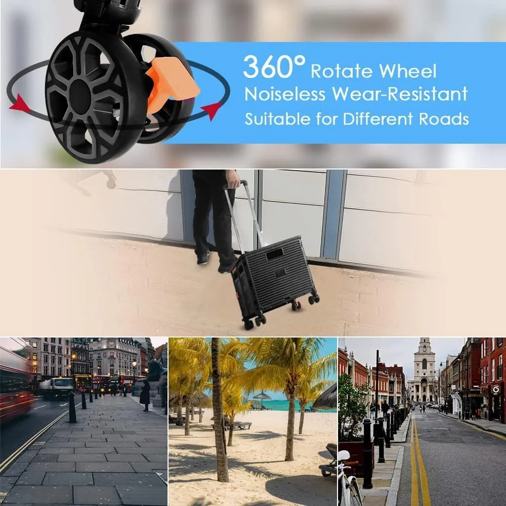 Foldable Utility Cart Folding Portable Rolling Crate Handcart Shopping Trolley Wheel Box with Lid Wear-Resistant Noiseless 360°Rotate Wheel for Travel Shopping Moving Storage Office Use (Black)