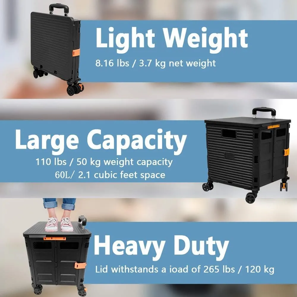 Foldable Utility Cart Folding Portable Rolling Crate Handcart Shopping Trolley Wheel Box with Lid Wear-Resistant Noiseless 360°Rotate Wheel for Travel Shopping Moving Storage Office Use (Black)