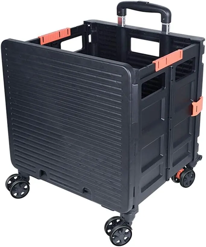 Foldable Utility Cart Folding Portable Rolling Crate Handcart Shopping Trolley Wheel Box with Lid Wear-Resistant Noiseless 360°Rotate Wheel for Travel Shopping Moving Storage Office Use (Black)