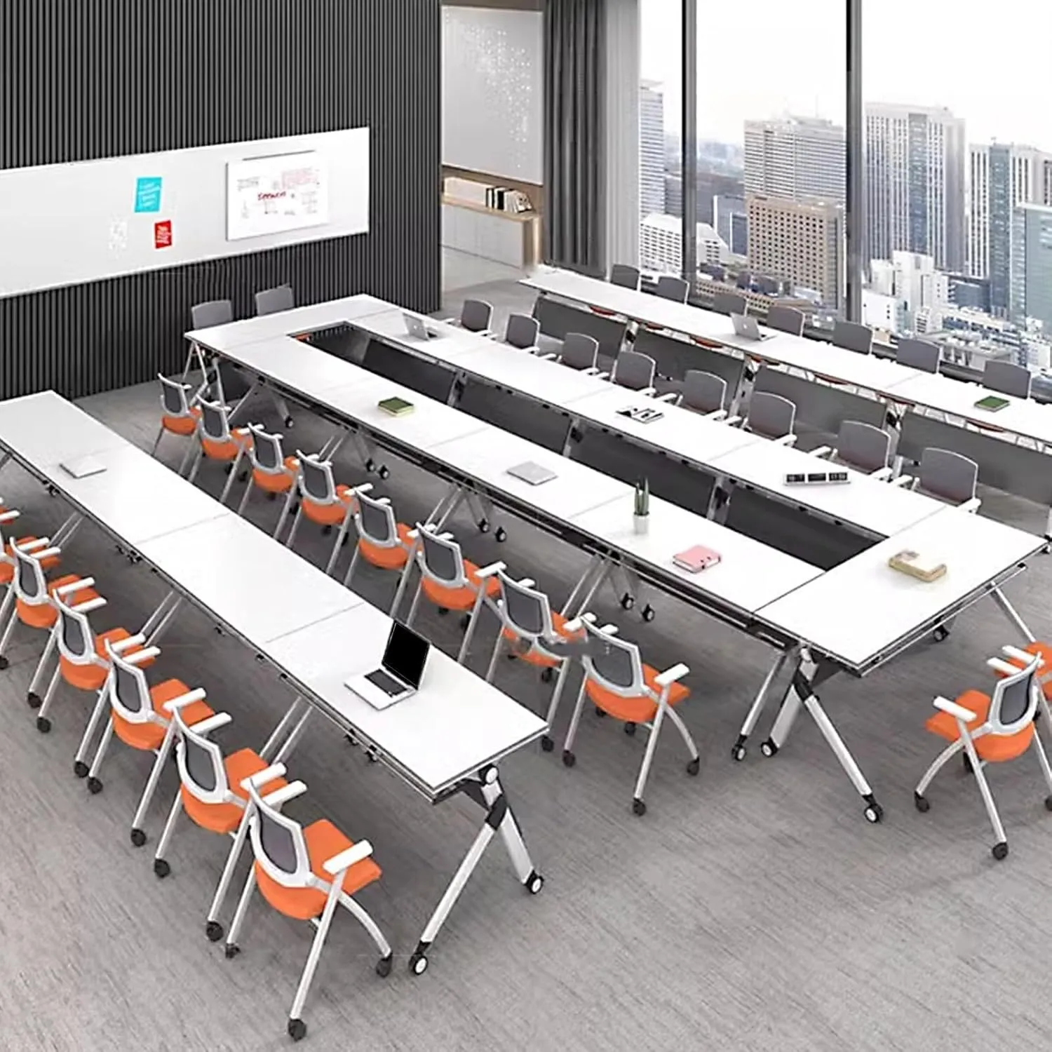 Folding Conference Table with Steel Frame, Multi-Functional Office Meeting Rollers and Stopper for Conference, Seminar, Use(120 * 55 * 75cm)