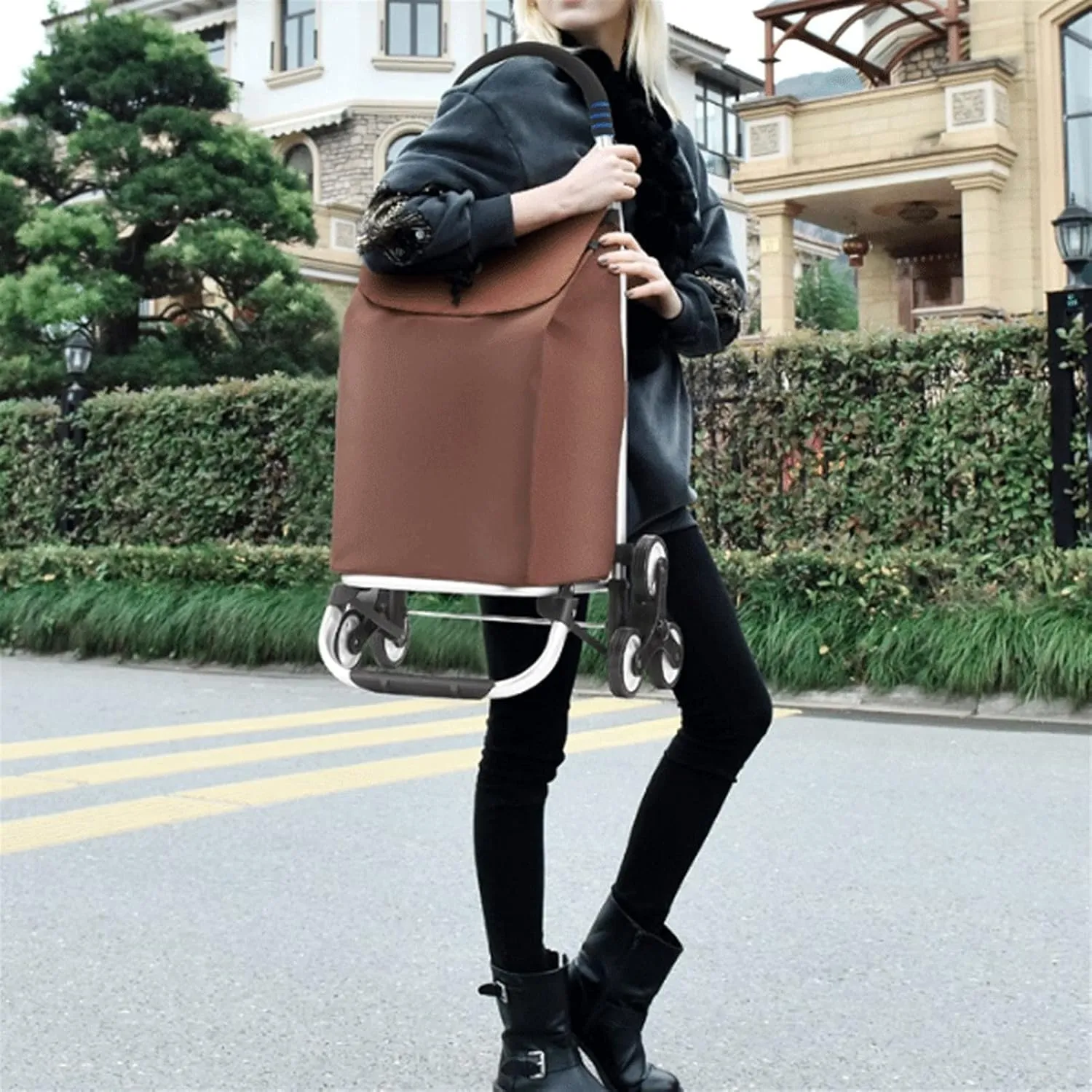 Folding Shopping Cart, Folding Shopping Trolley with Removable Waterproof Oxford Cloth Shopping Bag Shopping Cart for Laundry Grocery Grocery Utility Carts(Brown,6 Wheels)