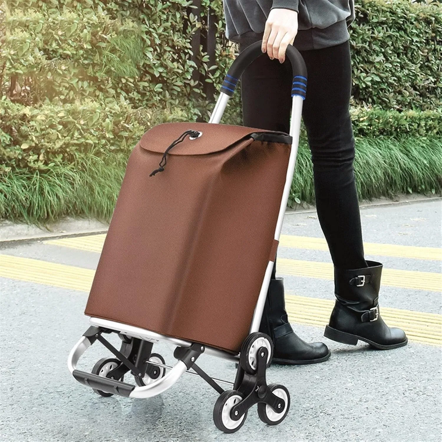 Folding Shopping Cart, Folding Shopping Trolley with Removable Waterproof Oxford Cloth Shopping Bag Shopping Cart for Laundry Grocery Grocery Utility Carts(Brown,6 Wheels)