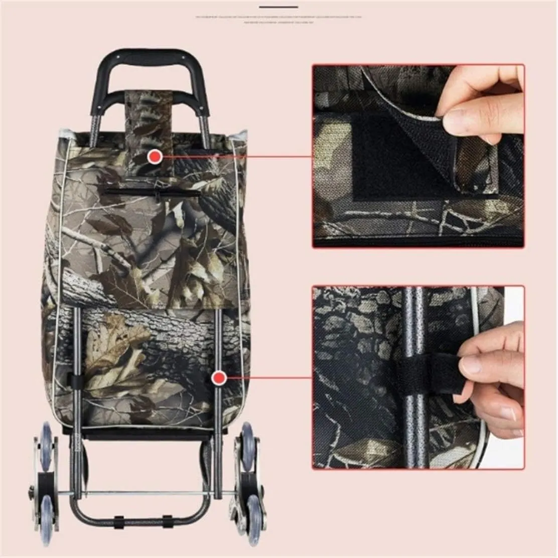 Folding Shopping Cart, Multifunctional Luggage Cart Folding Shopping Cart Waterproof Leaf Printed Oxford Cloth Bag with Tri-Wheels Grocery Utility Carts, 88*38cm