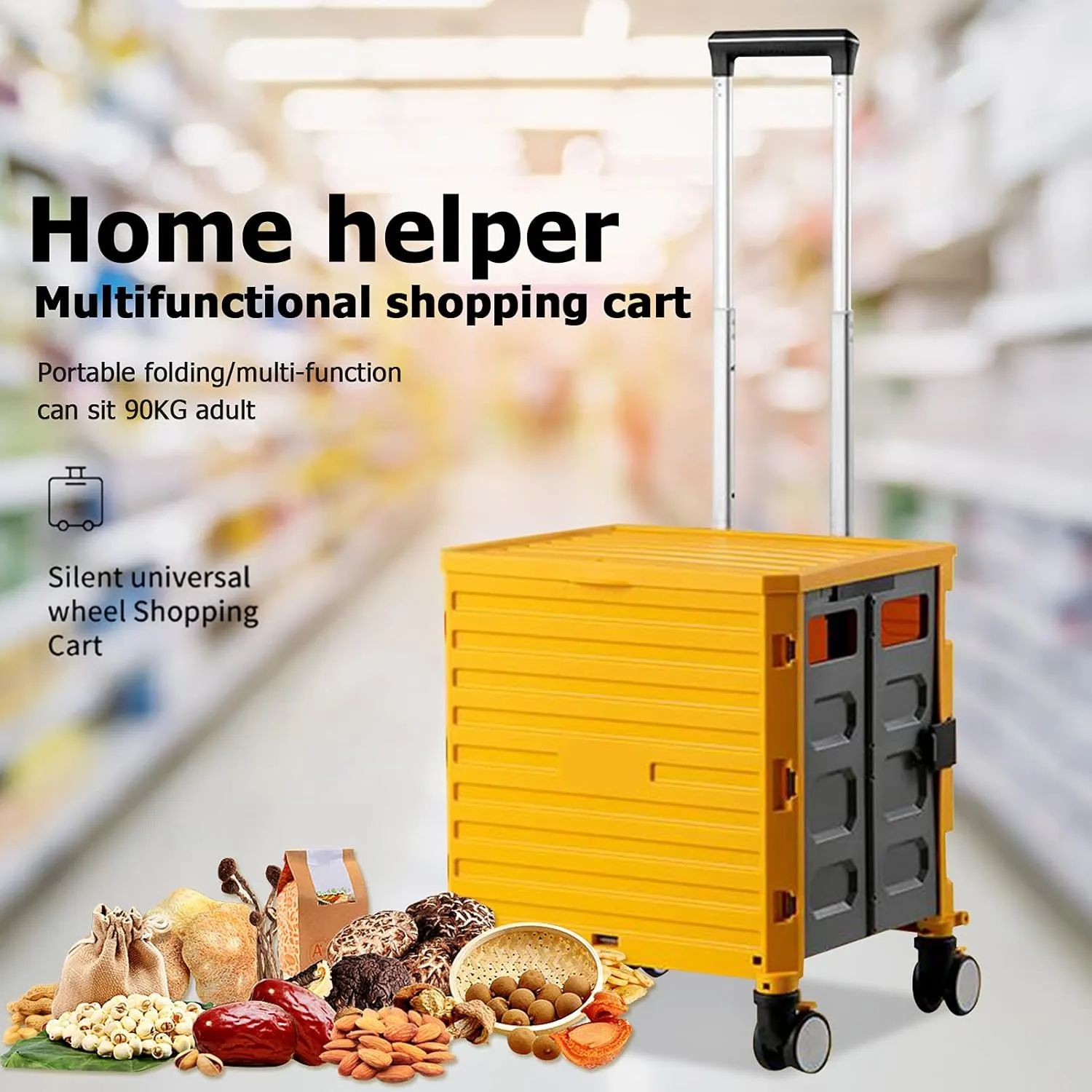 Folding Supermarket Shopping Trolley, Grocery Shopping Cart, with 4 Universal Wheels, Wear-Resistant-Noiseless-360°Rotatey, for Women or Men Travel Home Kitchen