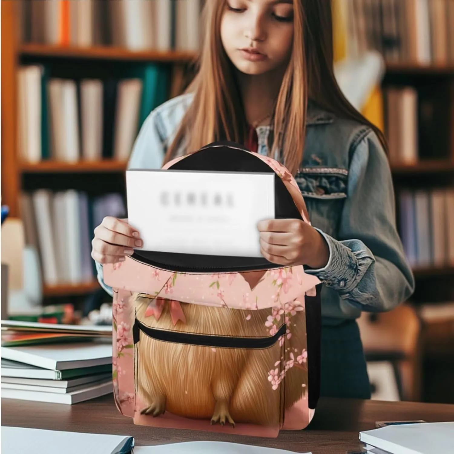 FOR U DESIGNS 1st Grade Capybara Backpack Set 6-7 Years Pink 17 Inch School Bag with Lunch Box Spacious Cherry Blossom Bookbag for Girls Outdoor Adventures