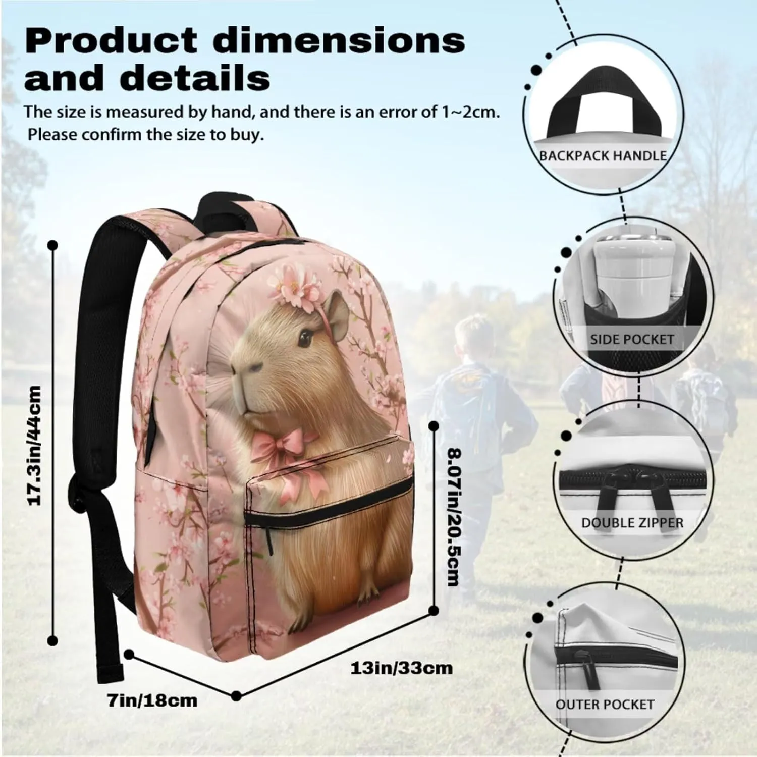FOR U DESIGNS 1st Grade Capybara Backpack Set 6-7 Years Pink 17 Inch School Bag with Lunch Box Spacious Cherry Blossom Bookbag for Girls Outdoor Adventures