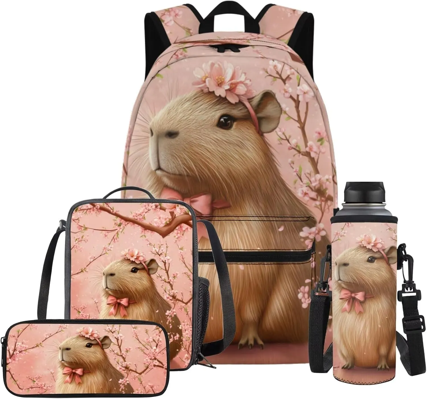 FOR U DESIGNS 1st Grade Capybara Backpack Set 6-7 Years Pink 17 Inch School Bag with Lunch Box Spacious Cherry Blossom Bookbag for Girls Outdoor Adventures