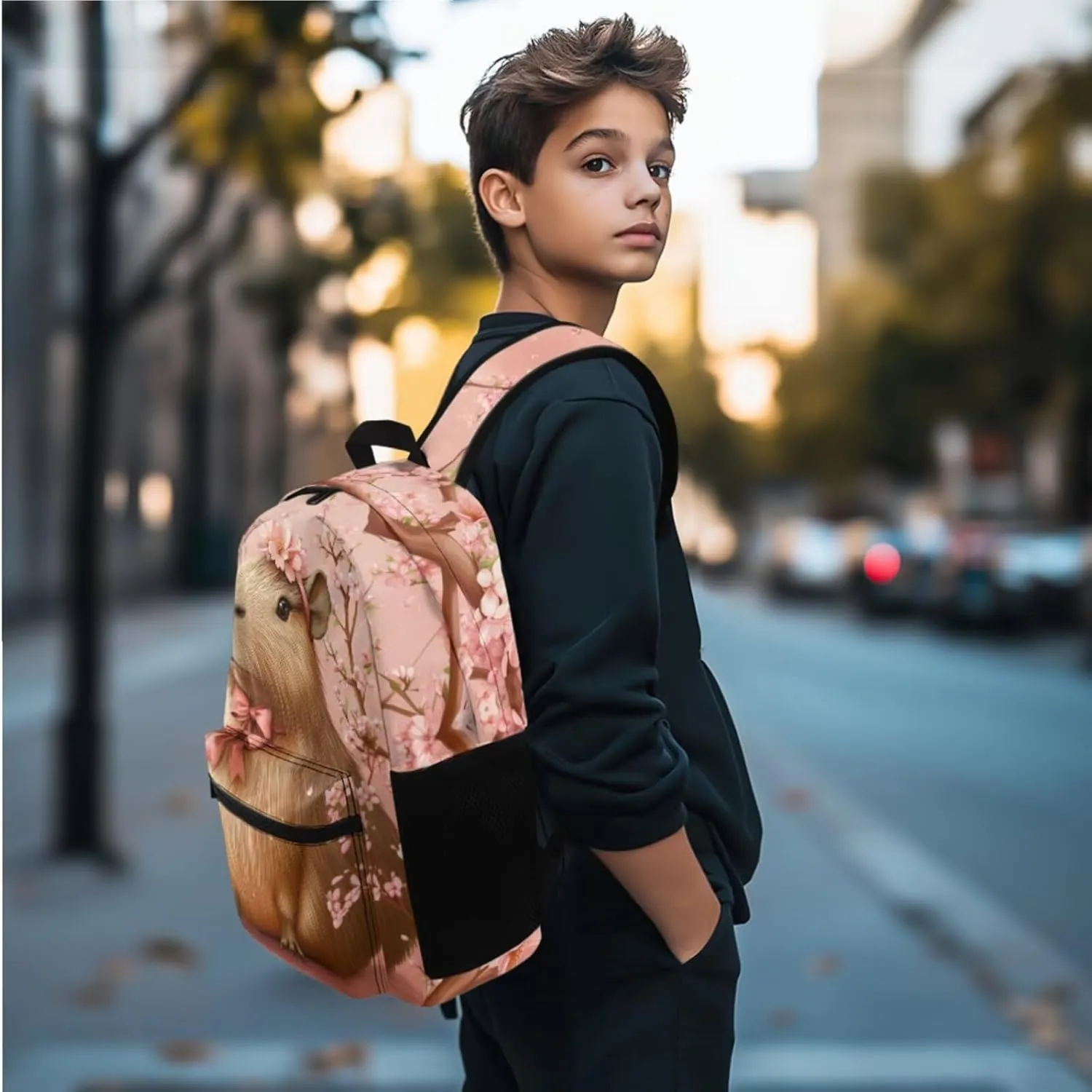 FOR U DESIGNS 1st Grade Capybara Backpack Set 6-7 Years Pink 17 Inch School Bag with Lunch Box Spacious Cherry Blossom Bookbag for Girls Outdoor Adventures