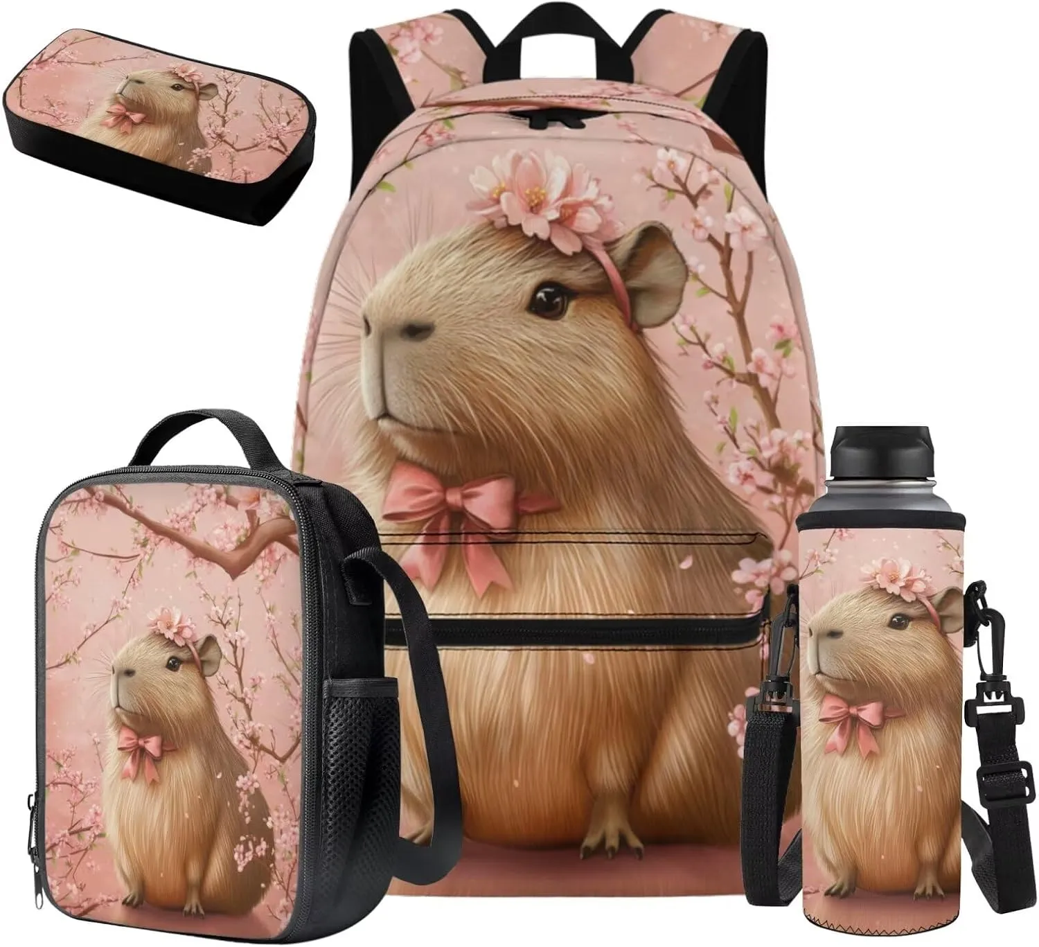 FOR U DESIGNS 1st Grade Capybara Backpack Set 6-7 Years Pink 17 Inch School Bag with Lunch Box Spacious Cherry Blossom Bookbag for Girls Outdoor Adventures