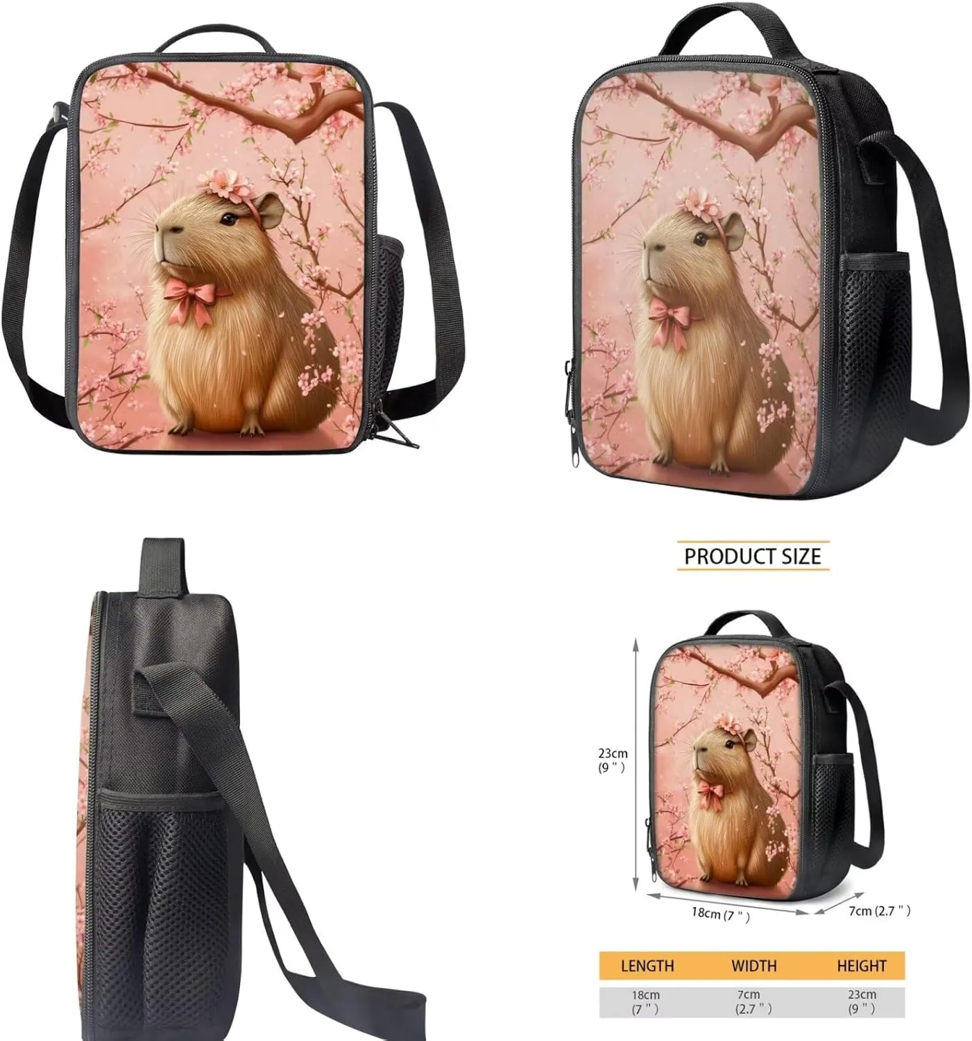 FOR U DESIGNS 1st Grade Capybara Backpack Set 6-7 Years Pink 17 Inch School Bag with Lunch Box Spacious Cherry Blossom Bookbag for Girls Outdoor Adventures