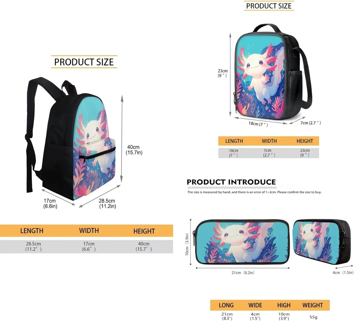 FOR U DESIGNS Axolotl Backpack for Girls Large Capacity Bookbag Set with Lunchbox Versatile Elementary School Bag 1st Grade School Supplies 3 in 1 Travel Daypack