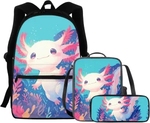 FOR U DESIGNS Axolotl Backpack for Girls Large Capacity Bookbag Set with Lunchbox Versatile Elementary School Bag 1st Grade School Supplies 3 in 1 Travel Daypack