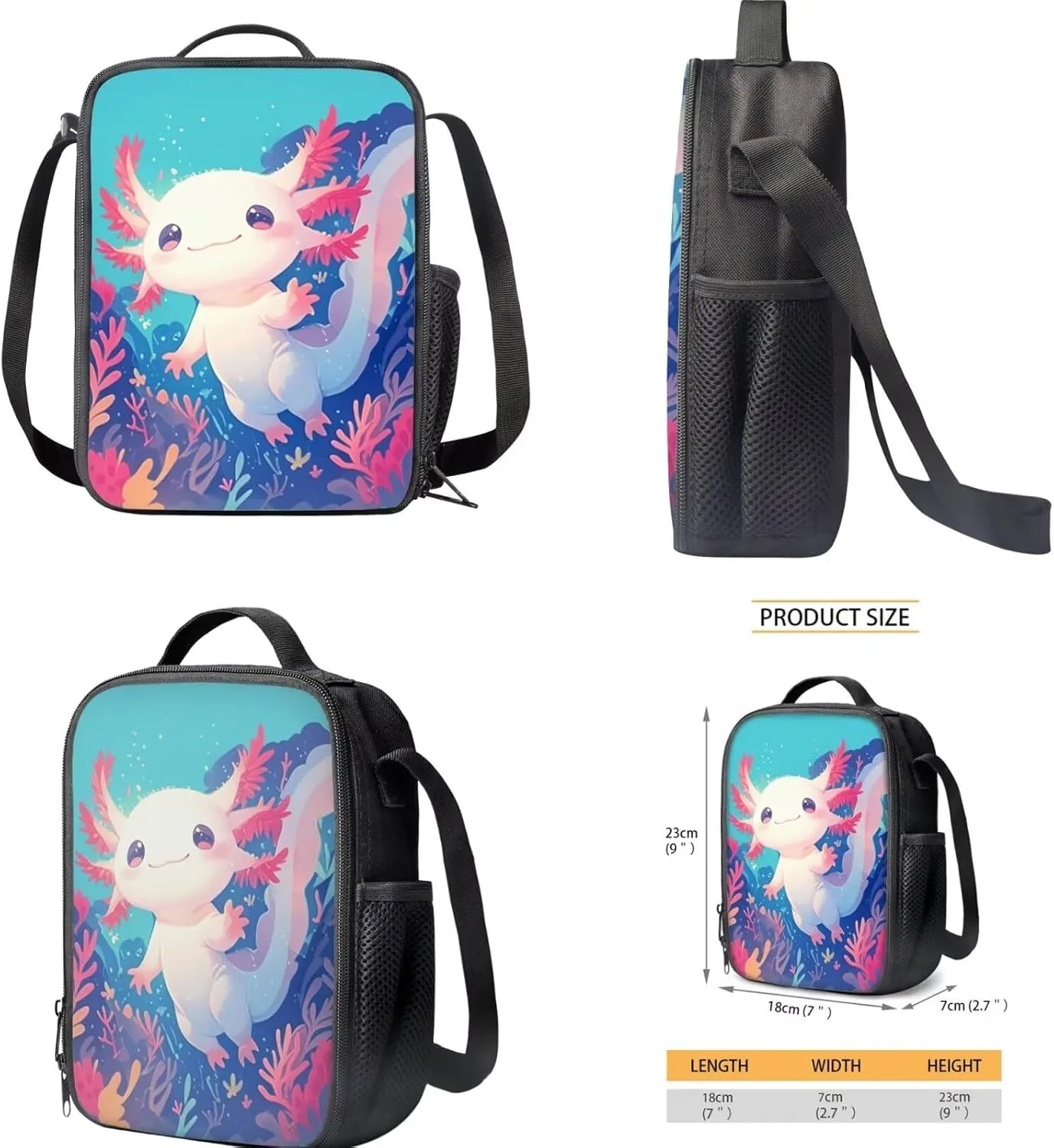 FOR U DESIGNS Axolotl Backpack for Girls Large Capacity Bookbag Set with Lunchbox Versatile Elementary School Bag 1st Grade School Supplies 3 in 1 Travel Daypack