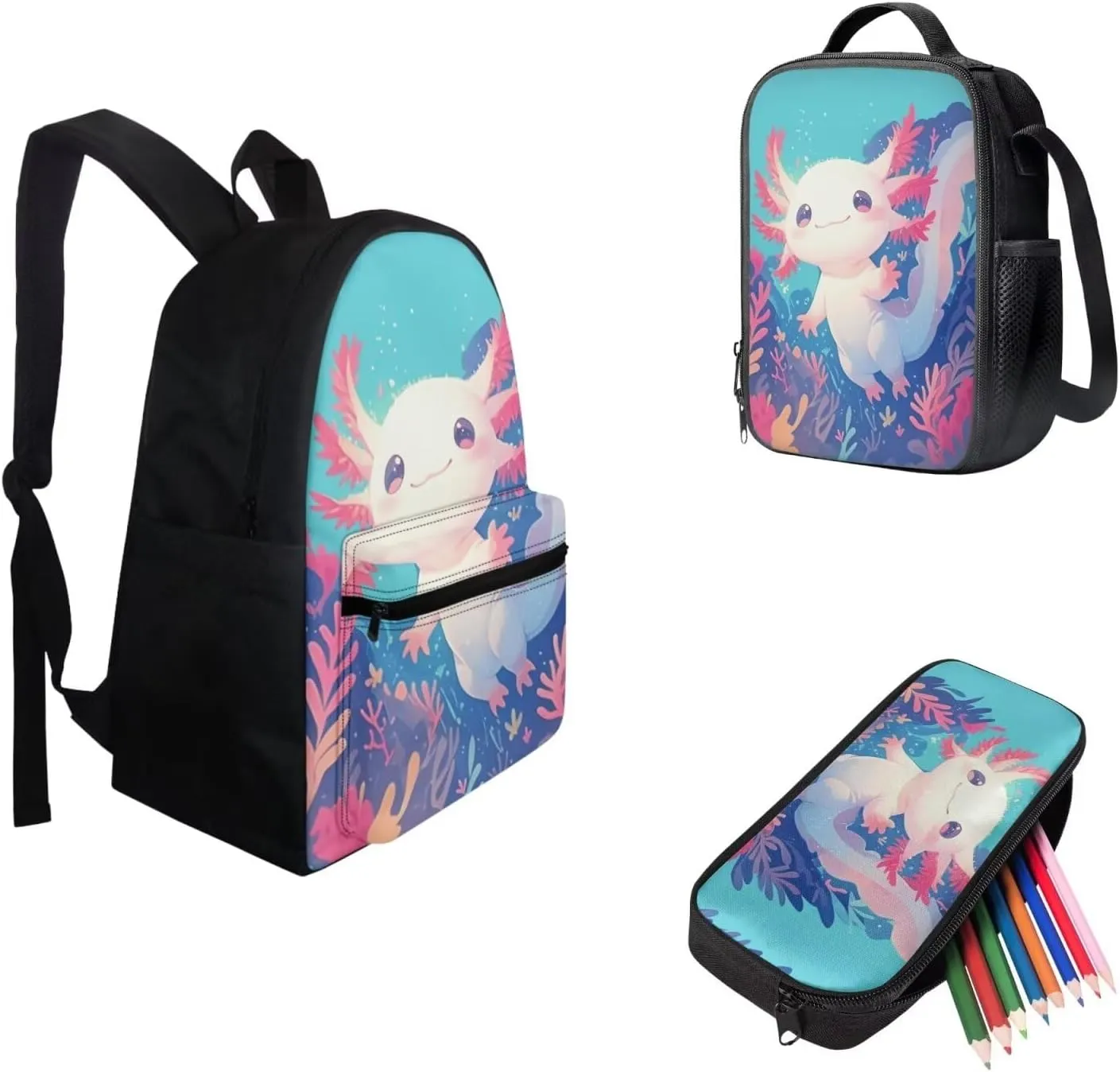 FOR U DESIGNS Axolotl Backpack for Girls Large Capacity Bookbag Set with Lunchbox Versatile Elementary School Bag 1st Grade School Supplies 3 in 1 Travel Daypack