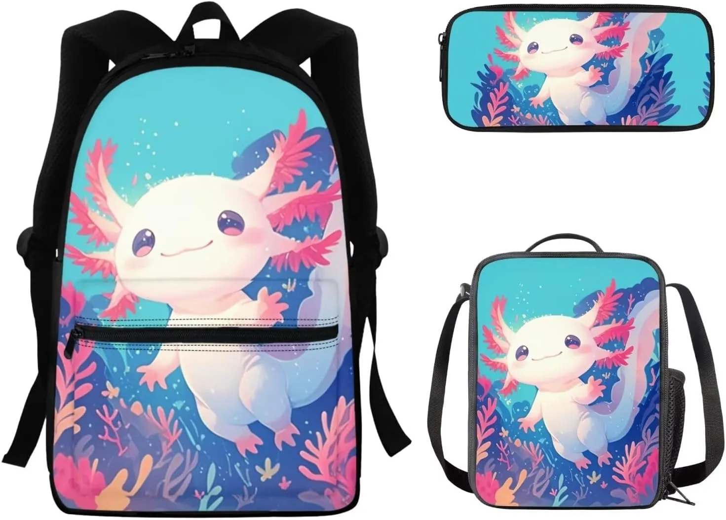 FOR U DESIGNS Axolotl Backpack for Girls Large Capacity Bookbag Set with Lunchbox Versatile Elementary School Bag 1st Grade School Supplies 3 in 1 Travel Daypack