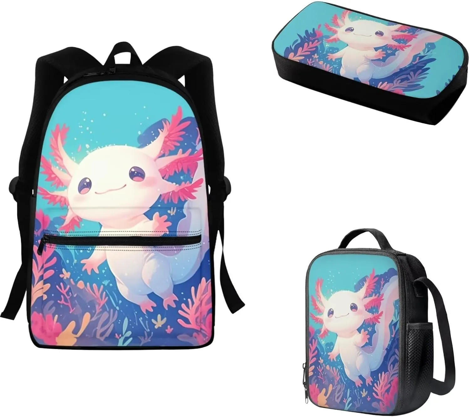 FOR U DESIGNS Axolotl Backpack for Girls Large Capacity Bookbag Set with Lunchbox Versatile Elementary School Bag 1st Grade School Supplies 3 in 1 Travel Daypack