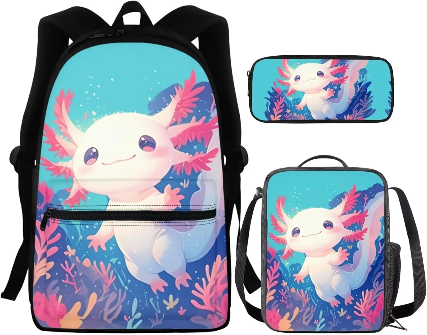 FOR U DESIGNS Axolotl Backpack for Girls Large Capacity Bookbag Set with Lunchbox Versatile Elementary School Bag 1st Grade School Supplies 3 in 1 Travel Daypack