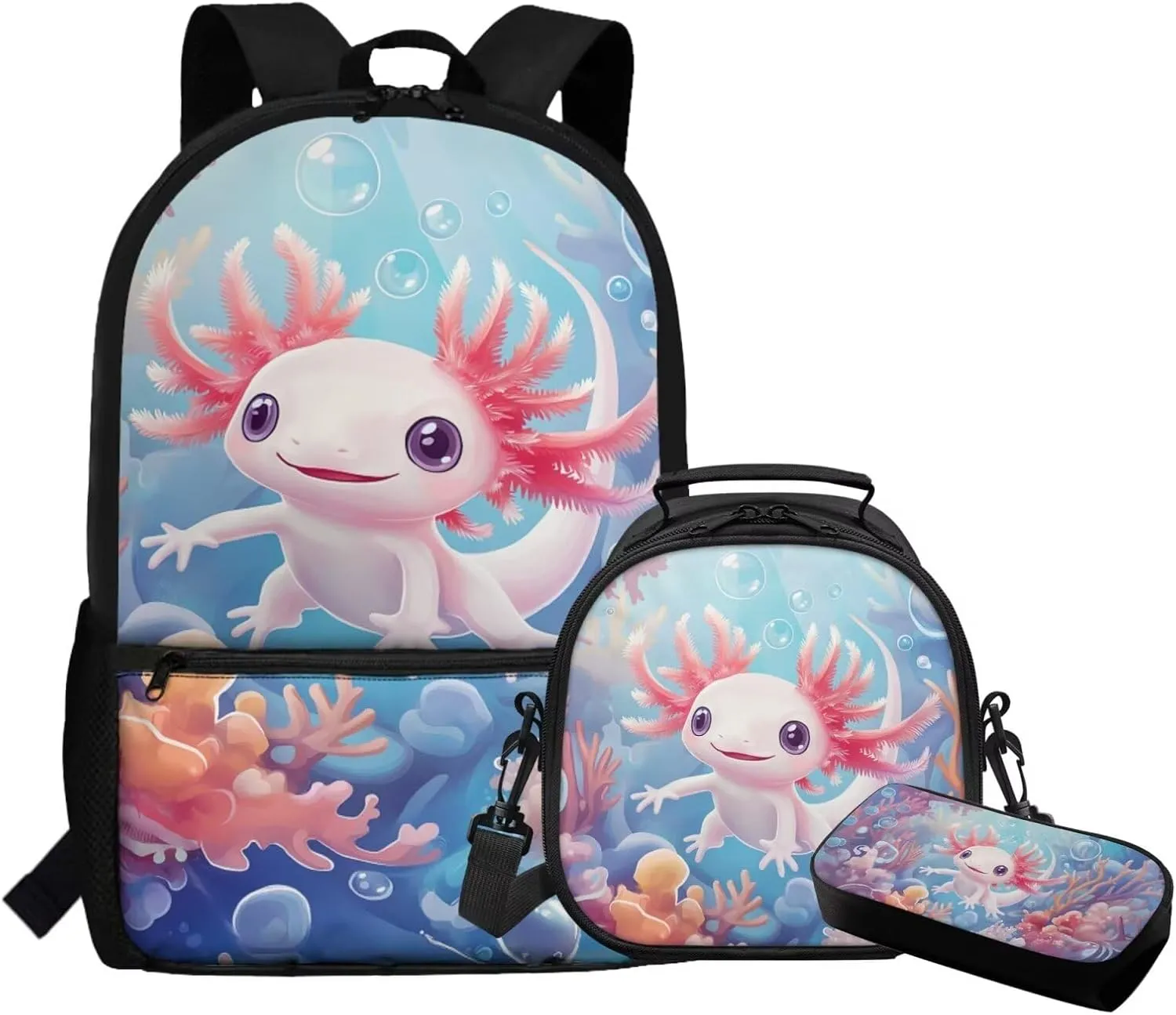 FOR U DESIGNS Axolotl Backpack for Girls with Lunchbox for 8 Year Old Elementary School Bag Lightweight Kawaii Bookbag Set for School Travel Rucksack Blue