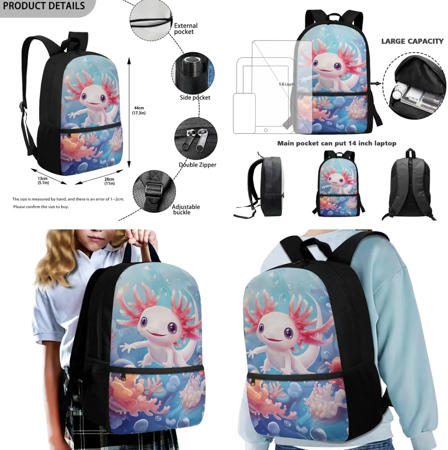 FOR U DESIGNS Axolotl Backpack for Girls with Lunchbox for 8 Year Old Elementary School Bag Lightweight Kawaii Bookbag Set for School Travel Rucksack Blue