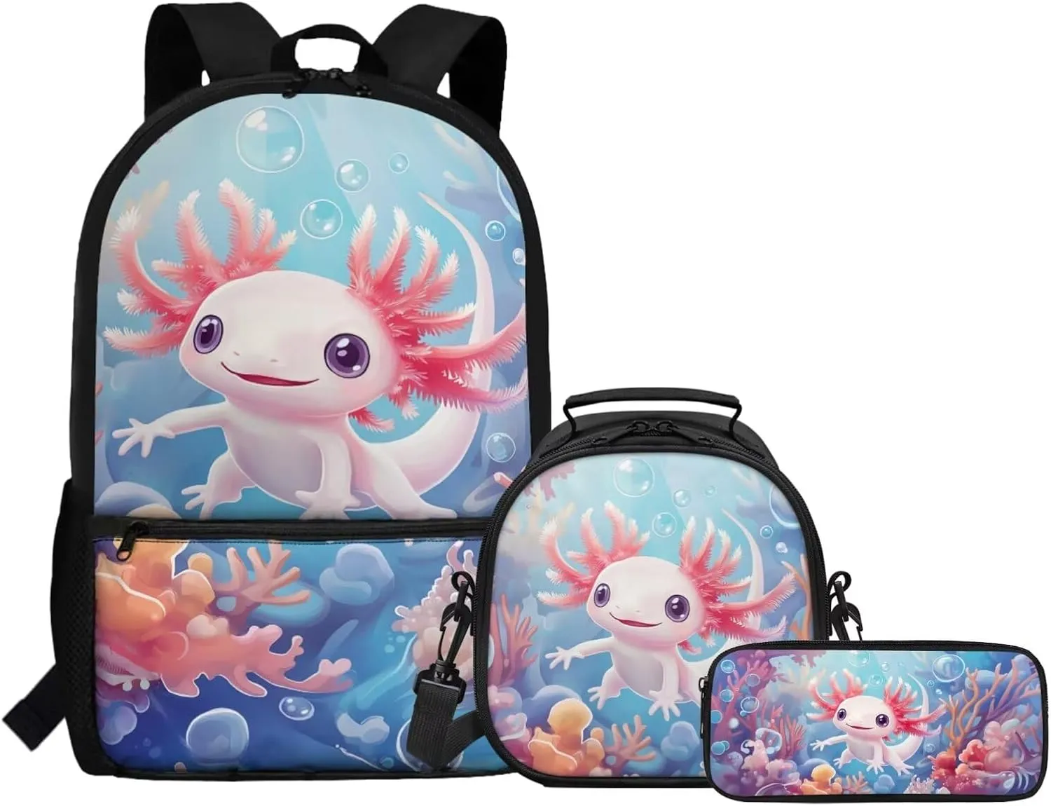 FOR U DESIGNS Axolotl Backpack for Girls with Lunchbox for 8 Year Old Elementary School Bag Lightweight Kawaii Bookbag Set for School Travel Rucksack Blue