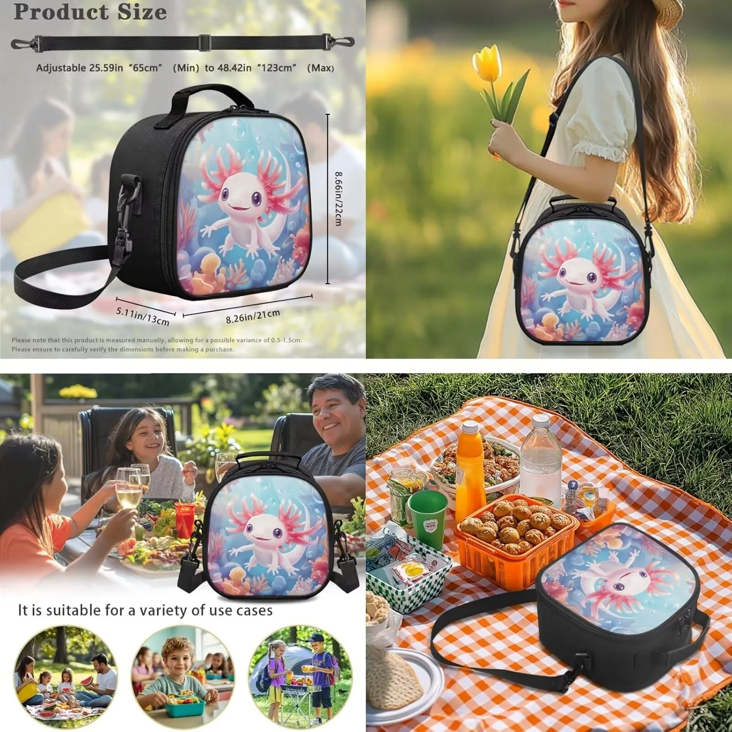 FOR U DESIGNS Axolotl Backpack for Girls with Lunchbox for 8 Year Old Elementary School Bag Lightweight Kawaii Bookbag Set for School Travel Rucksack Blue