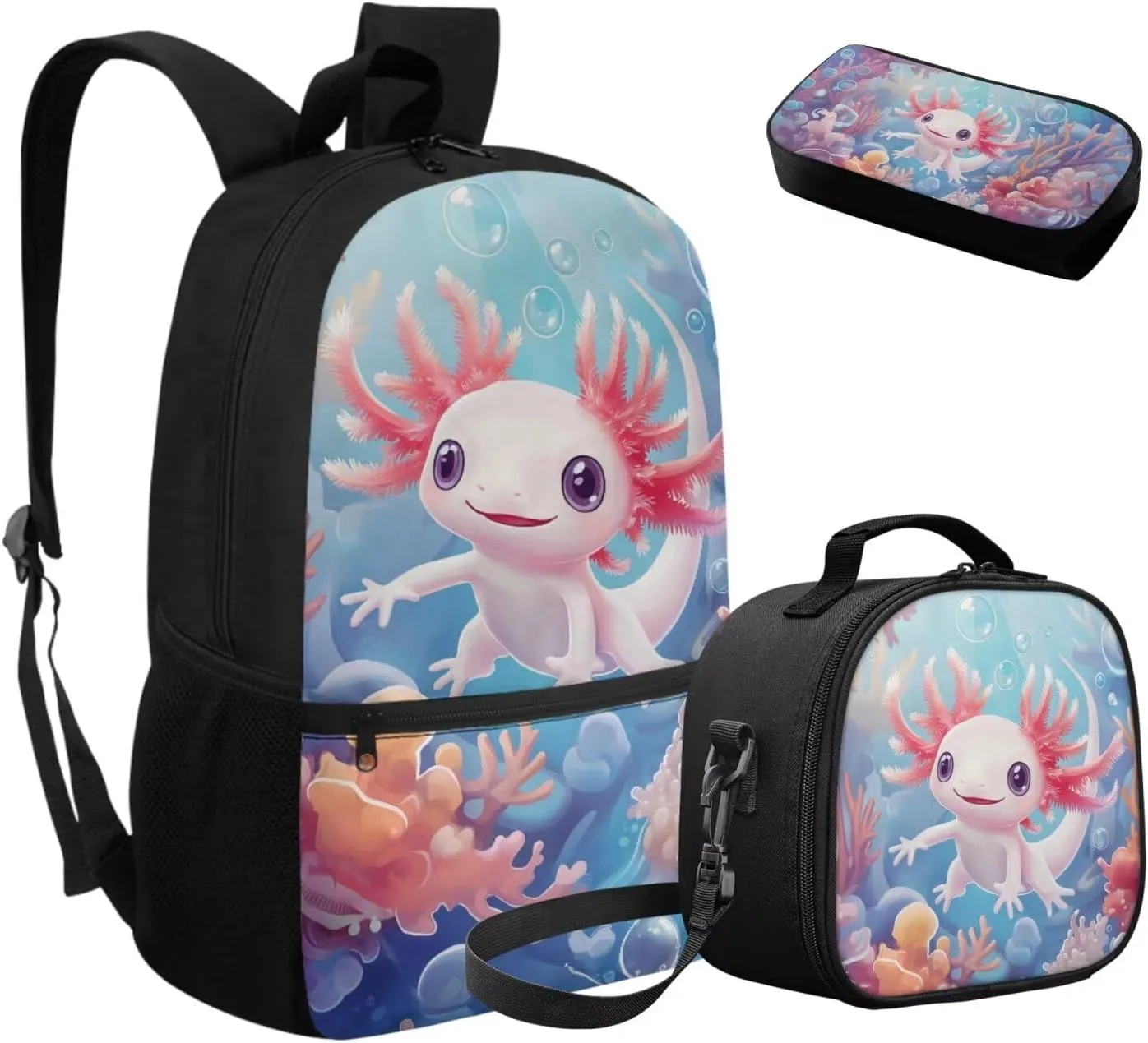FOR U DESIGNS Axolotl Backpack for Girls with Lunchbox for 8 Year Old Elementary School Bag Lightweight Kawaii Bookbag Set for School Travel Rucksack Blue