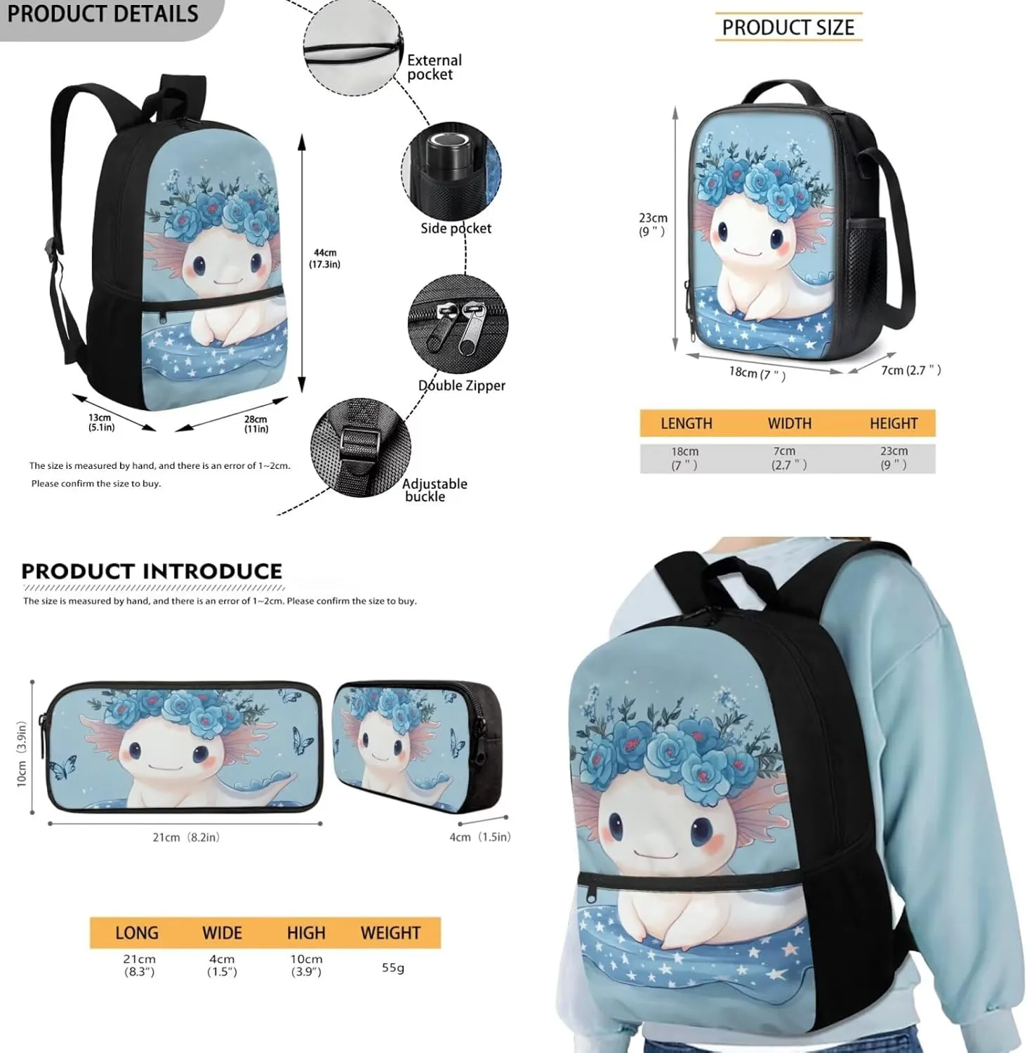 FOR U DESIGNS Axolotl Backpack for Kids 5th Grade Girls School Bag Set Large Capacity Kindergarten Elementary Girl Bookbag Set 3 Pcs Kids Book Bags for Girls 9-12 Back Pack